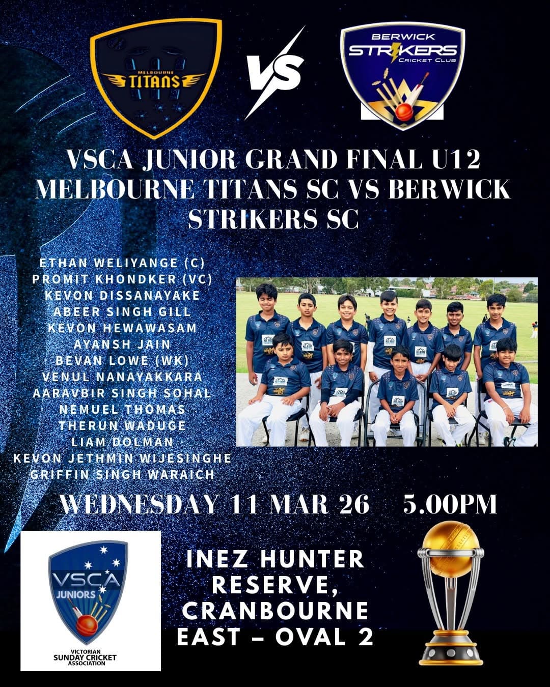 VSCA Under 12 junior grand final squad graphic